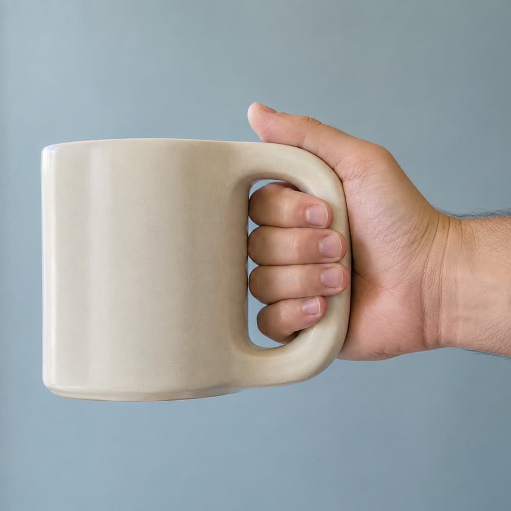 A hand holding the Big Handle Mug 480 ml, showing the scale of the cup against a hand