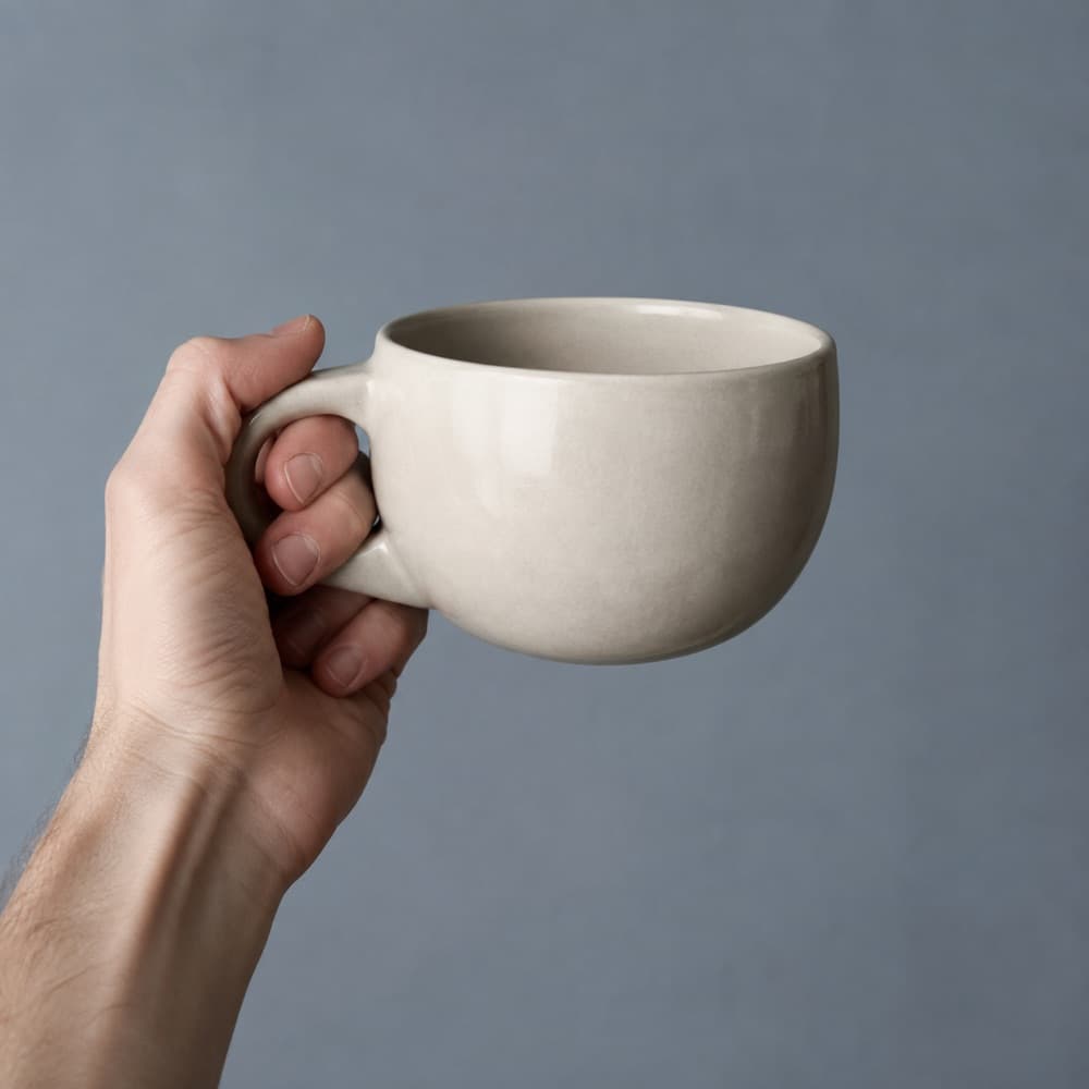 A hand holding the Cappuccino Cup 220 ml, showing the scale of the cup against a hand
