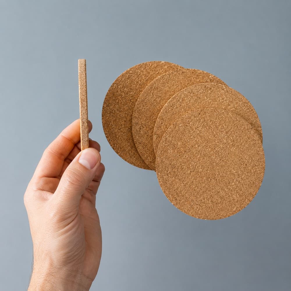 A hand holding the Cork Coaster Set of 4, showing the scale of the cup against a hand