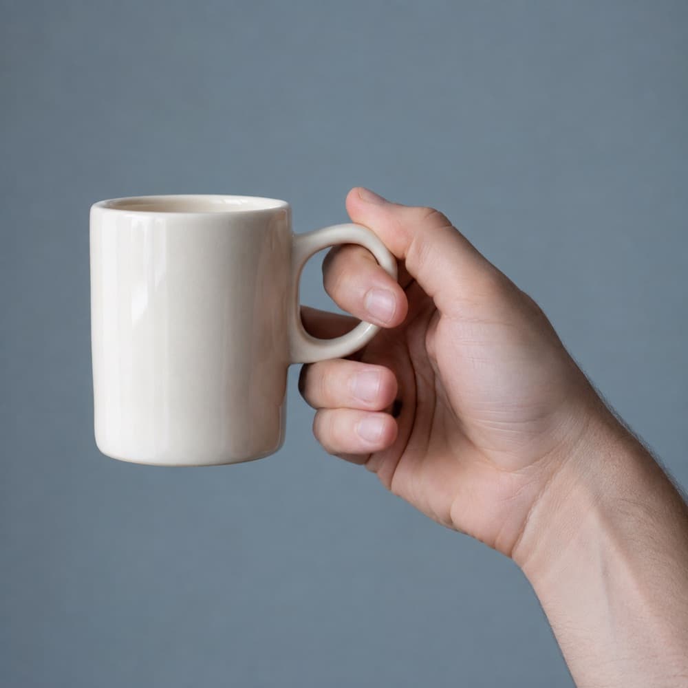 A hand holding the Cortado Cup 150 ml, showing the scale of the cup against a hand