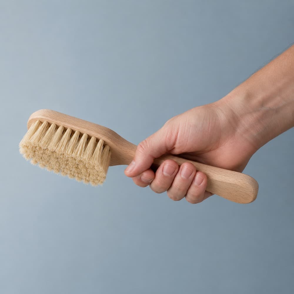 A hand holding the Cup Brush Soft, showing the scale of the cup against a hand