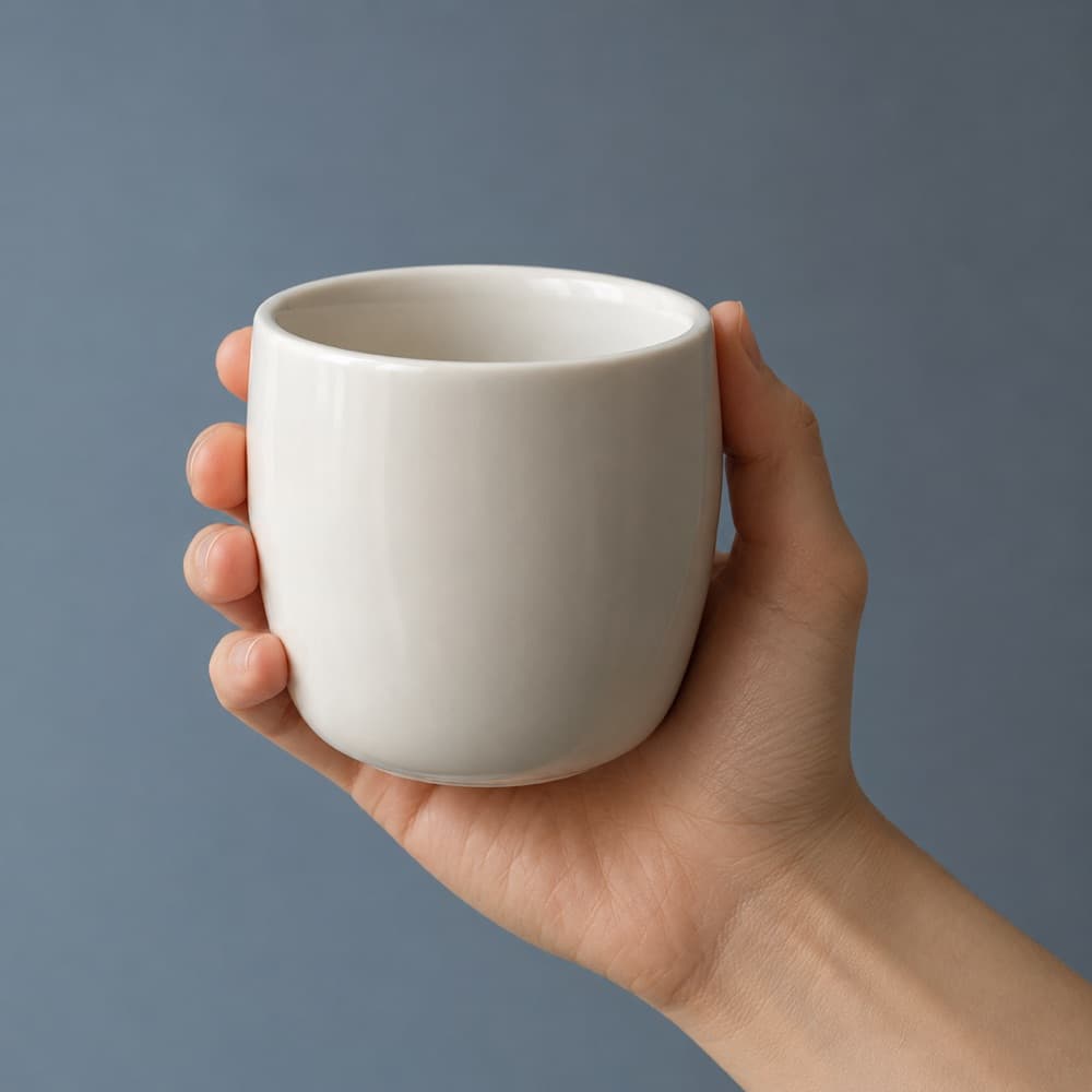 A hand holding the Double-Wall Ceramic 250 ml, showing the scale of the cup against a hand