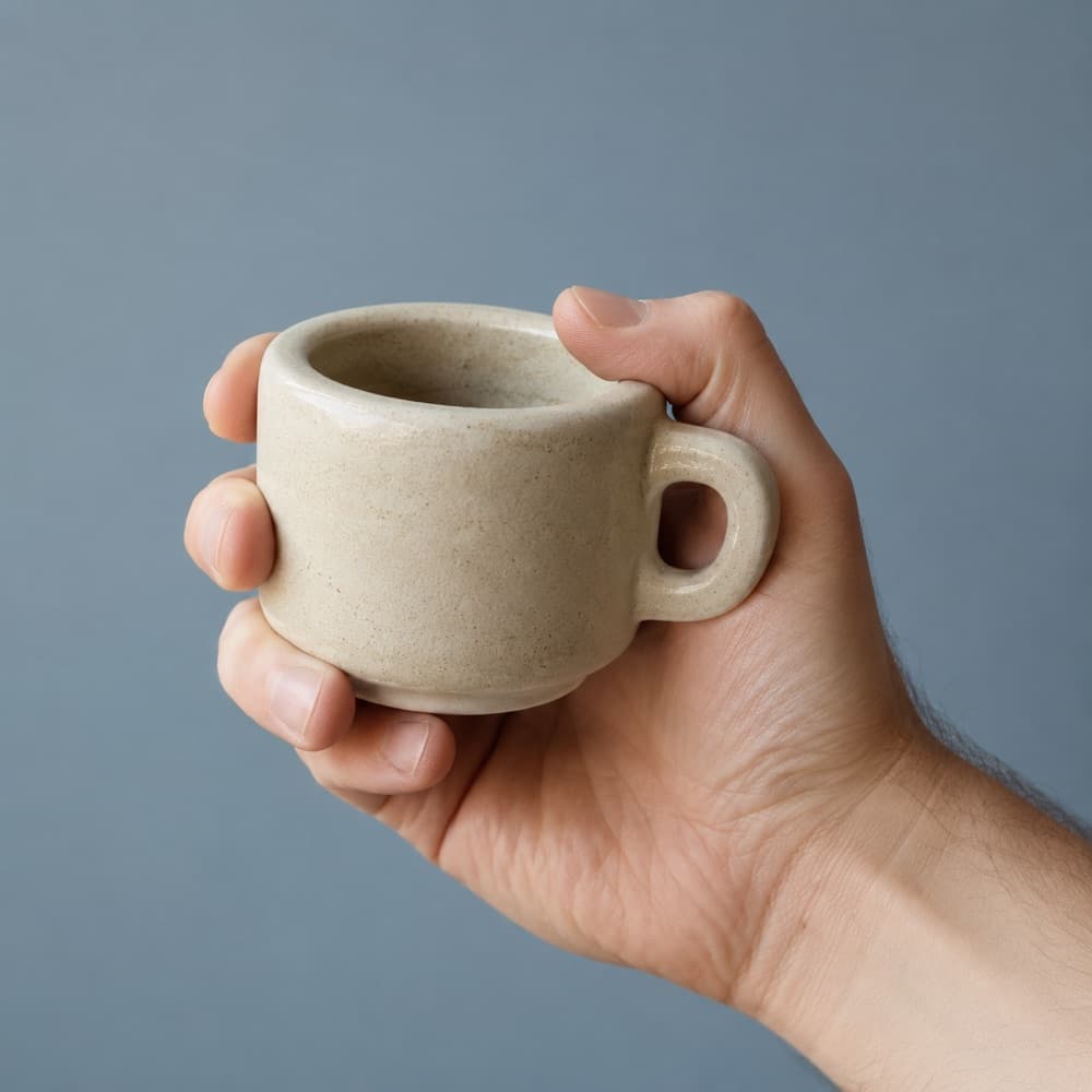 A hand holding the Espresso Cup Thick-Wall 80 ml, showing the scale of the cup against a hand