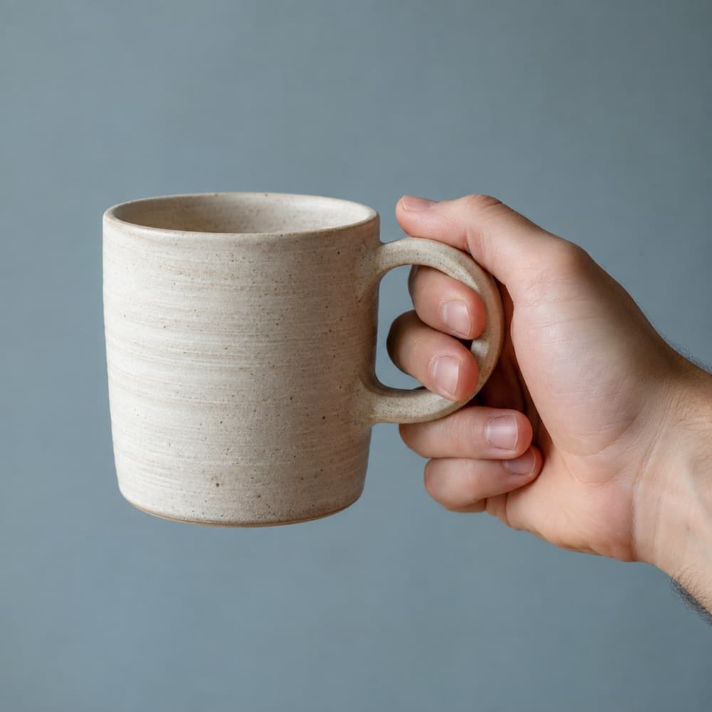 A hand holding the Everyday Mug 300 ml, showing the scale of the cup against a hand