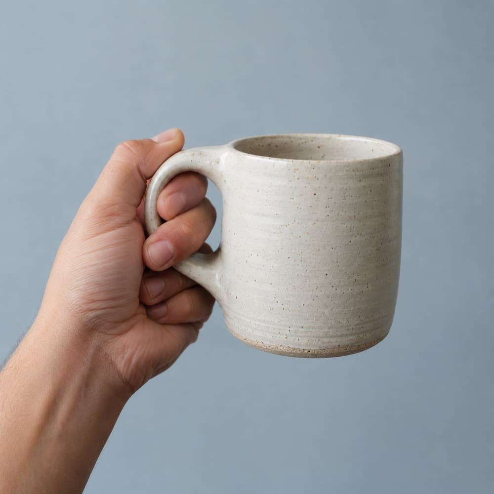 A hand holding the Everyday Mug 350 ml, showing the scale of the cup against a hand