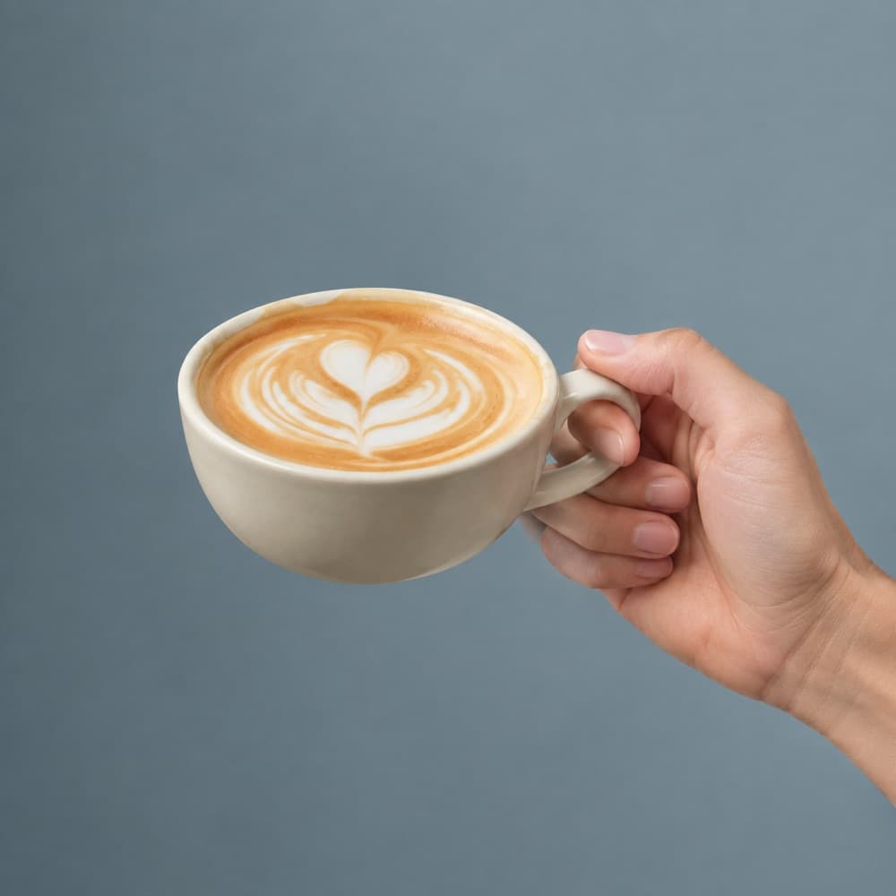 A hand holding the Flat White Cup 200 ml, showing the scale of the cup against a hand