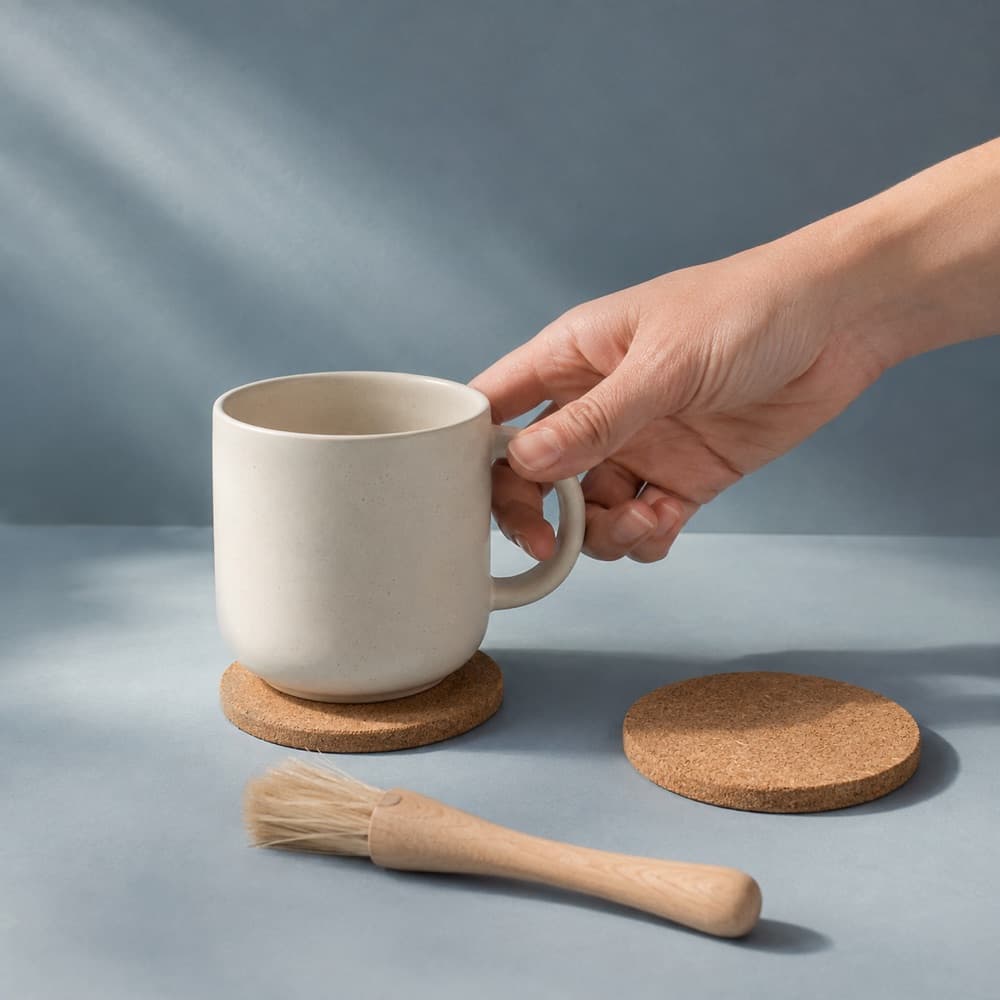 A hand holding the Morning Set — Mug, Coaster and Brush, showing the scale of the cup against a hand