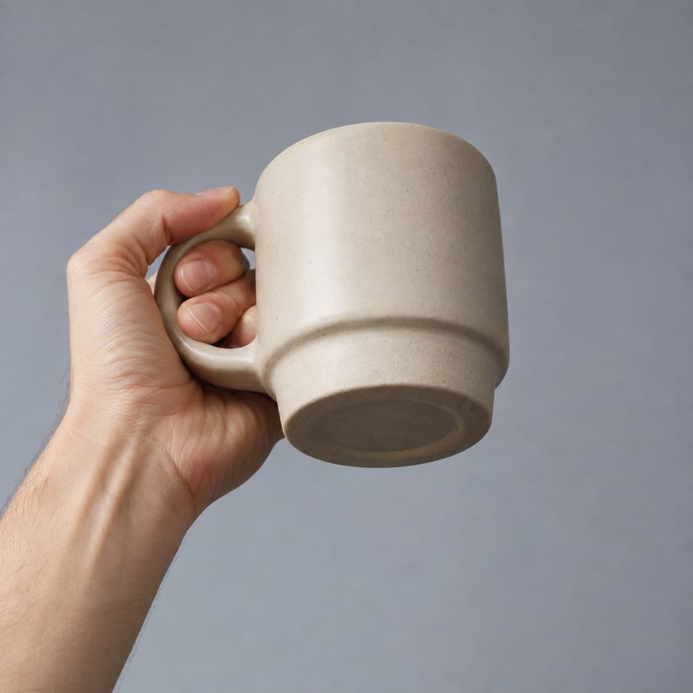 A hand holding the Office Mug Heavy-Base 340 ml, showing the scale of the cup against a hand