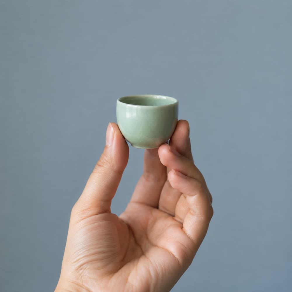 A hand holding the Sake-Style Cup 90 ml, showing the scale of the cup against a hand