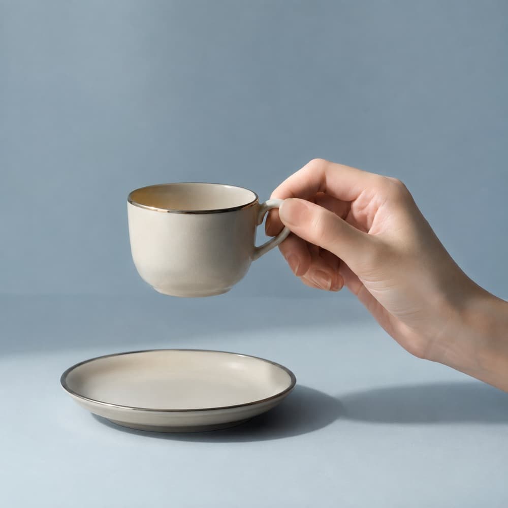 A hand holding the Small Cup with Saucer 90 ml, showing the scale of the cup against a hand