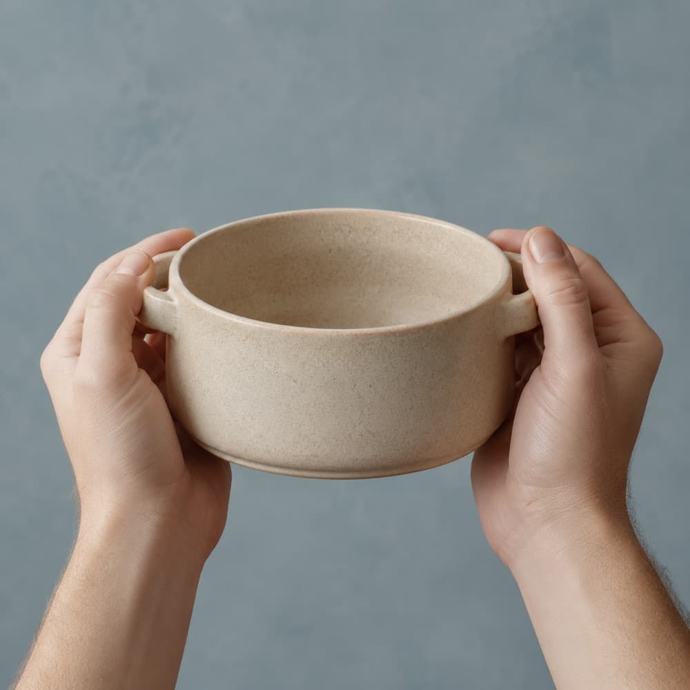 A hand holding the Soup Mug 450 ml, showing the scale of the cup against a hand