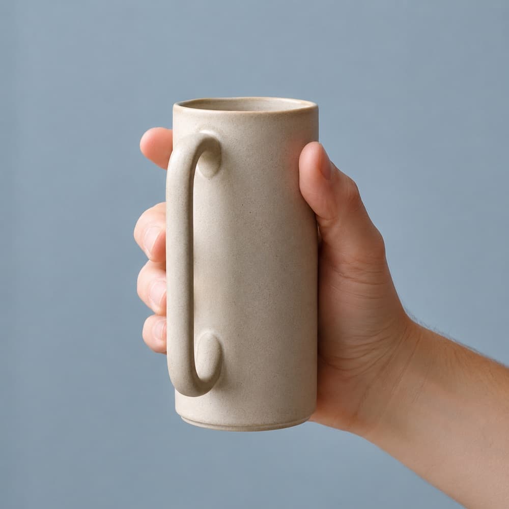 A hand holding the Tall Mug 400 ml, showing the scale of the cup against a hand