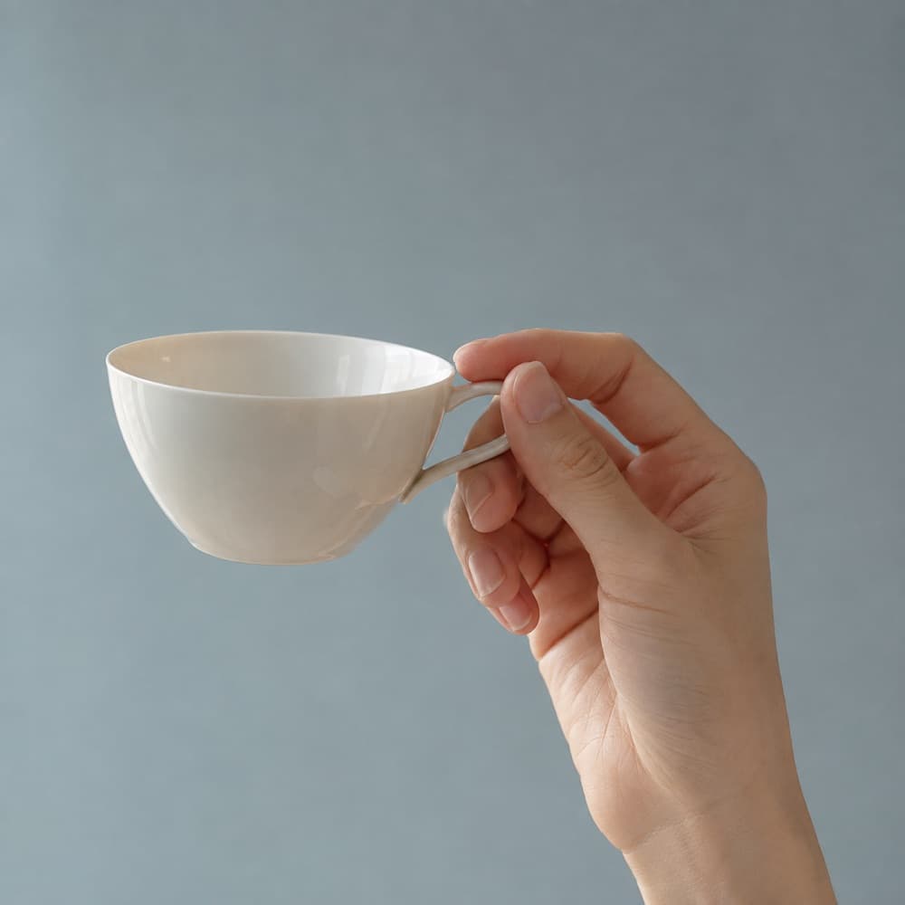 A hand holding the Tea Cup Thin-Wall 220 ml, showing the scale of the cup against a hand