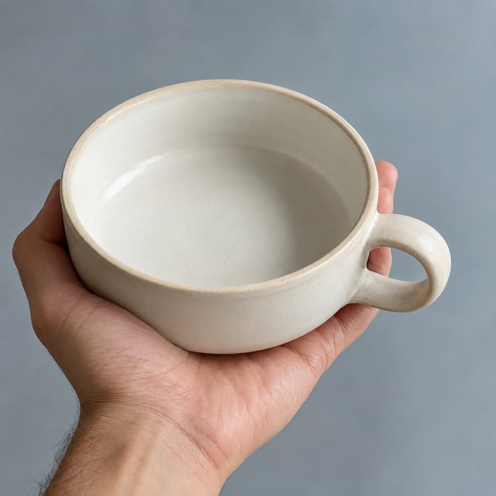 A hand holding the Wide Mug 380 ml, showing the scale of the cup against a hand