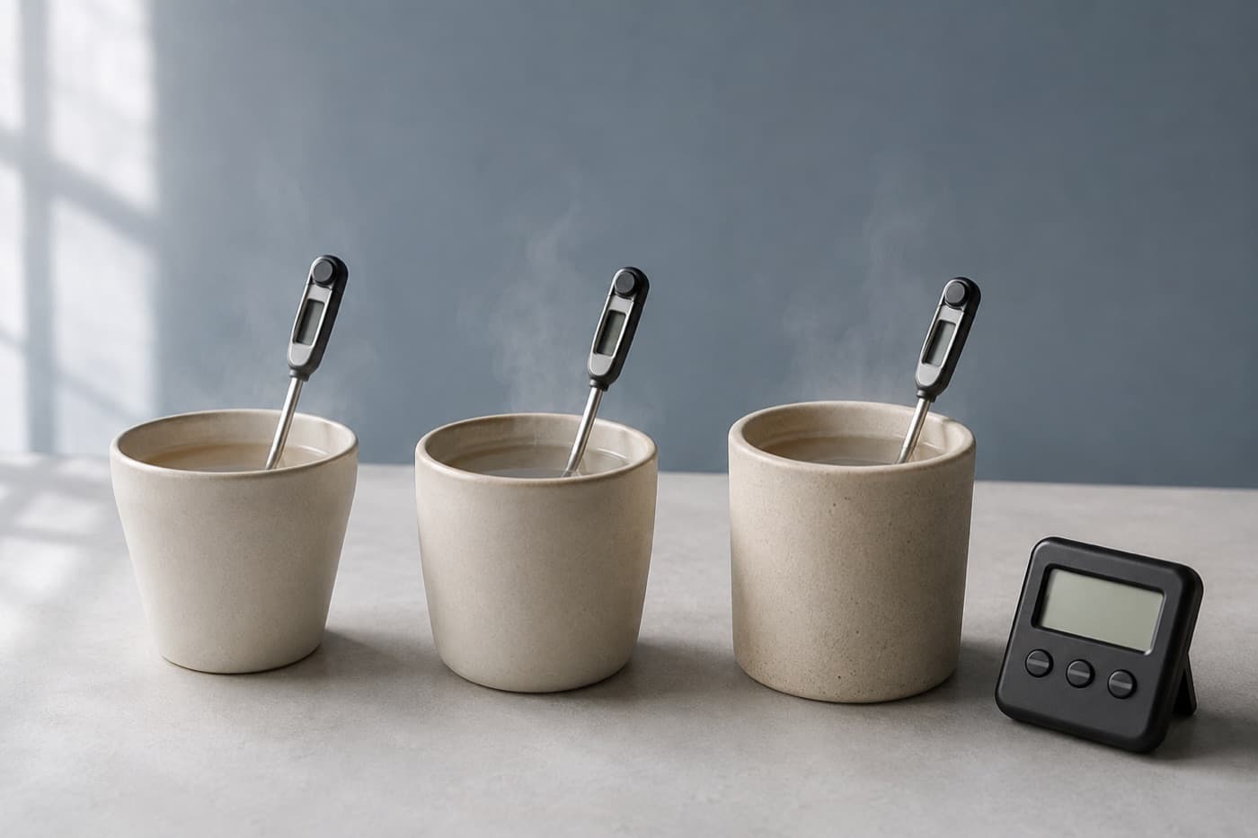 Three stoneware cups of different wall thickness on a bench, each with a thermometer probe standing in the water